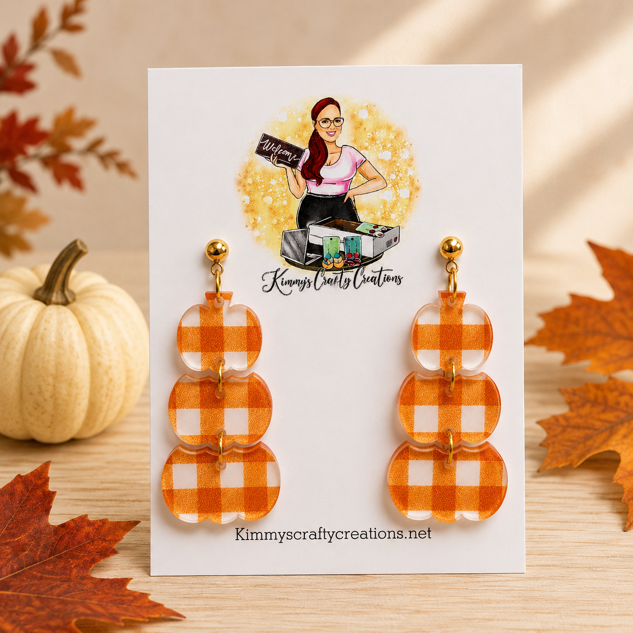 Orange Gingham Triple Pumpkin Dangle Earrings