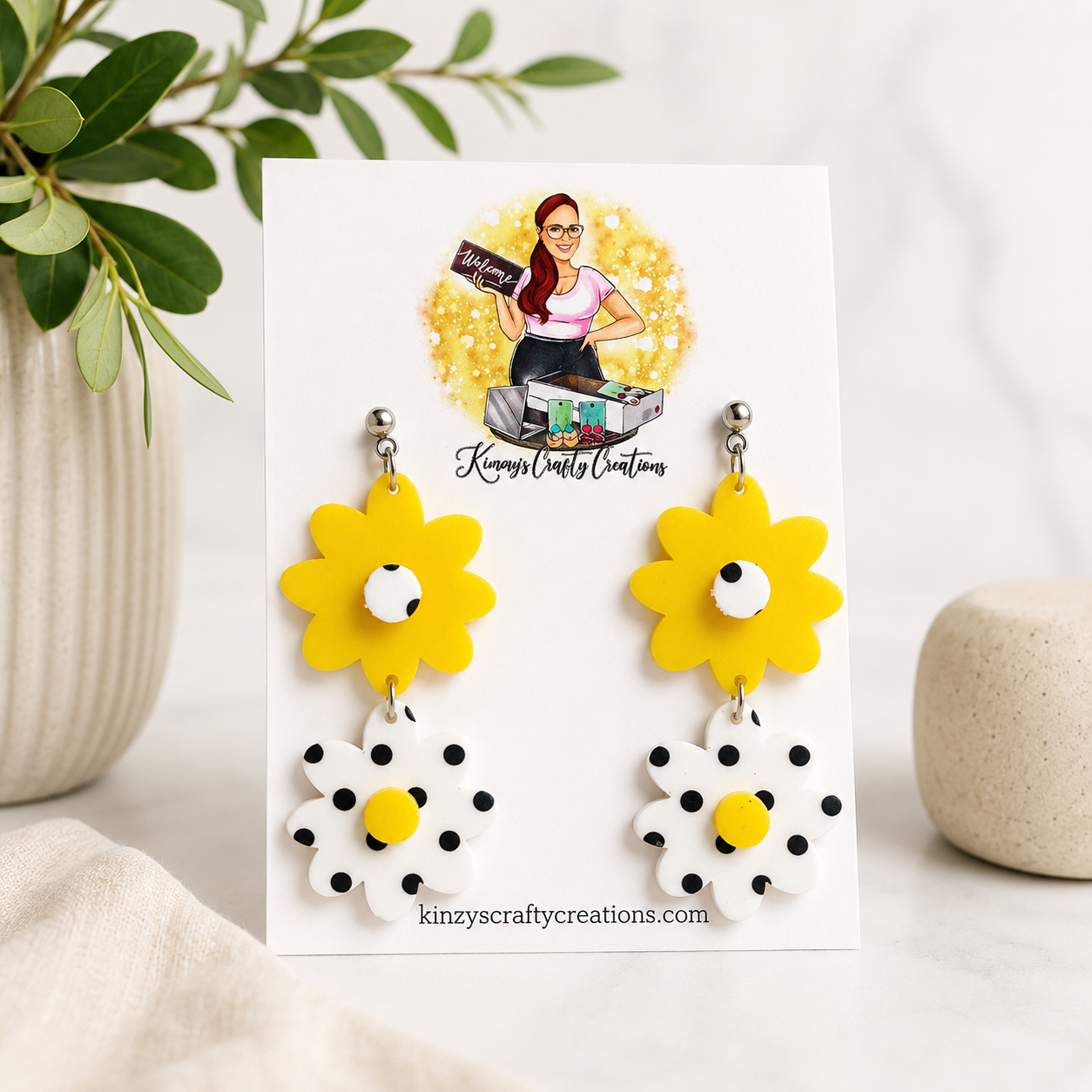 Yellow Daisy Polka Dot Dangle Earrings