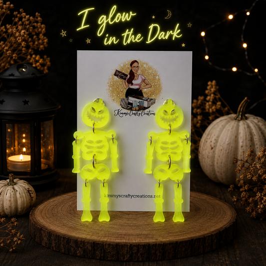 Glow-in-the-Dark Pumpkin Skeleton Earrings | Halloween Dangle Earrings