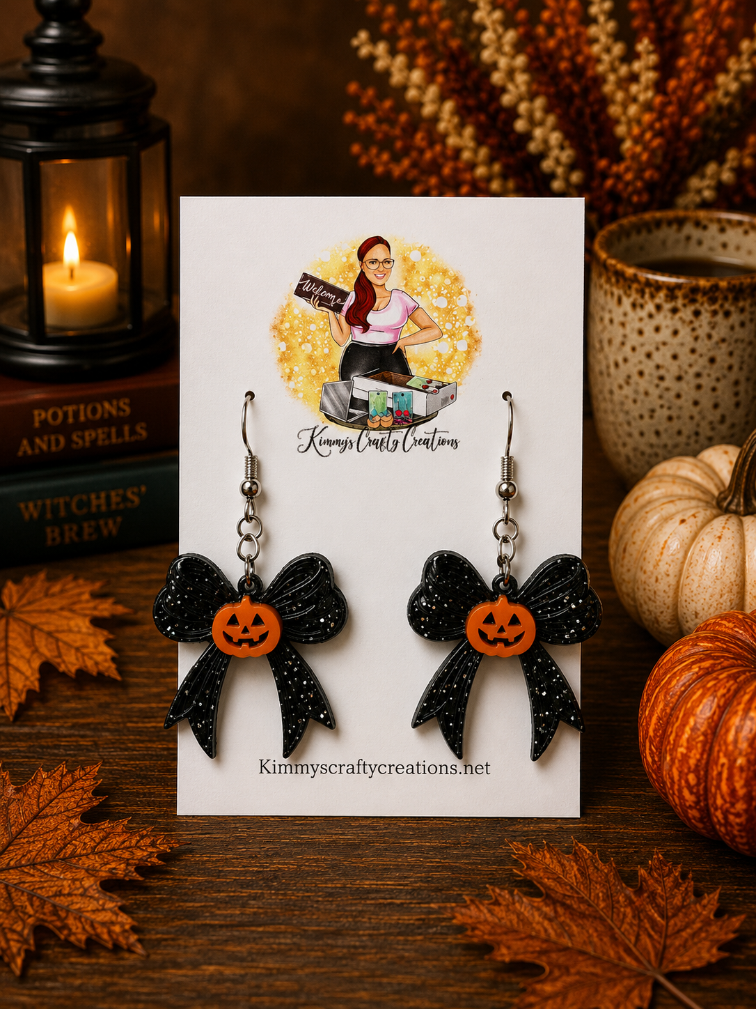 Black Bow Pumpkin Earrings | Glitter Halloween Jack-O’-Lantern Dangle Earrings