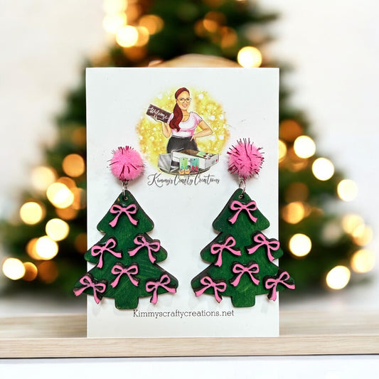 Pink Bow Christmas Tree Earrings