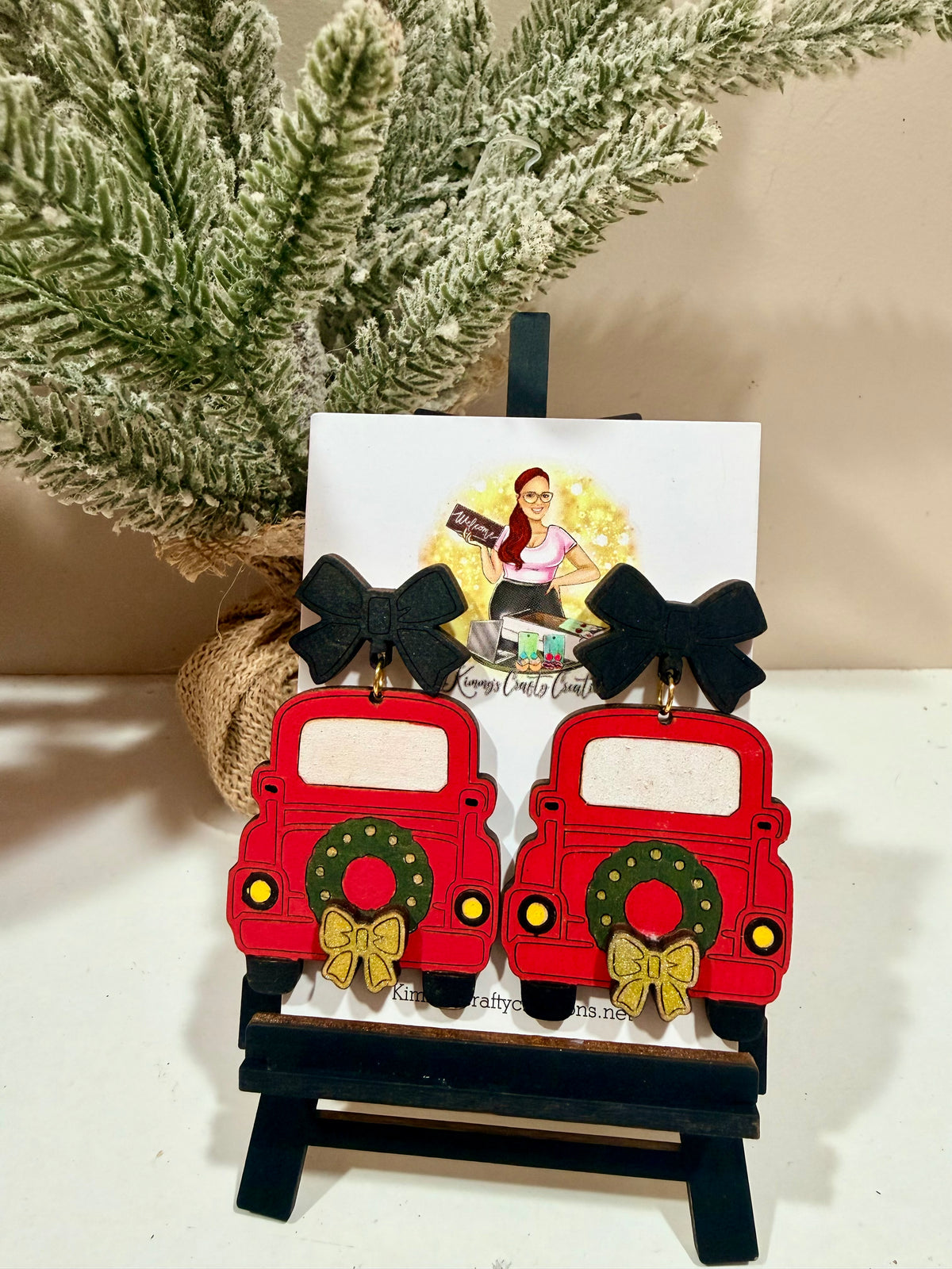 Red Christmas Truck & Black Bow Earrings