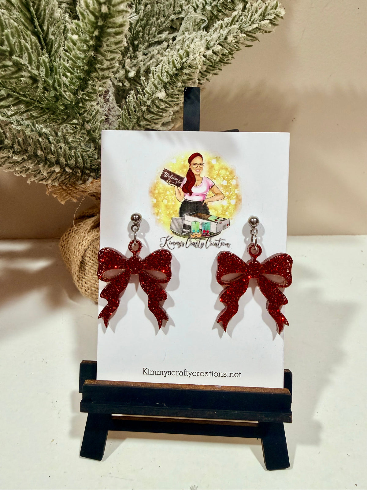 Red Glitter Bow Dangle Earrings