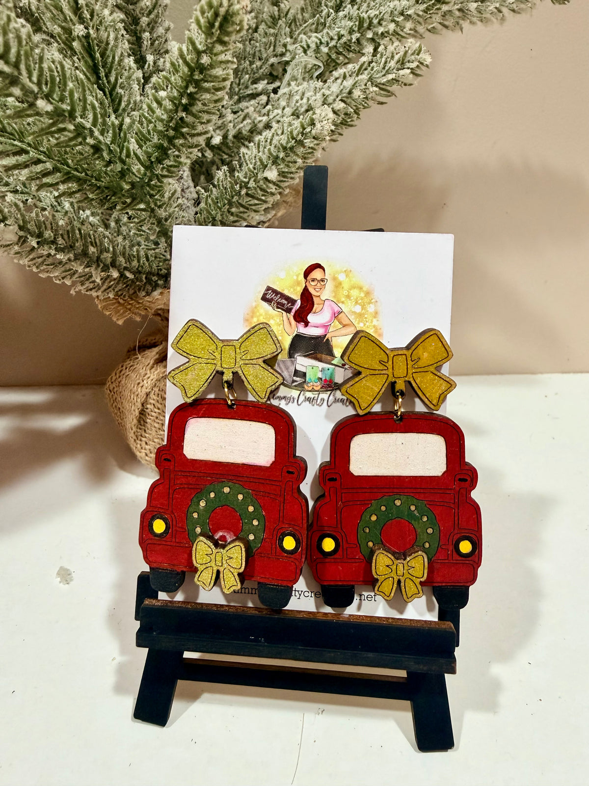 Red Christmas Truck & Gold Bow Earrings