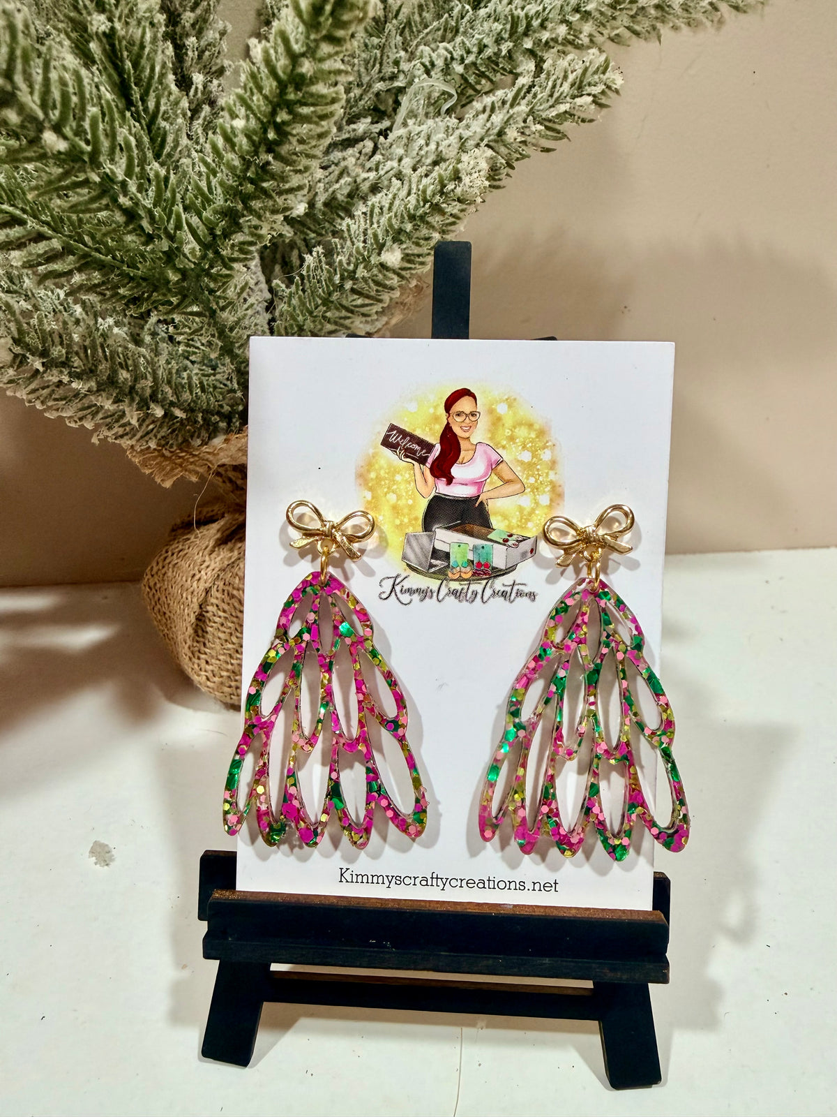 Pink & Green Glitter Christmas Tree Earrings | Gold Bow Holiday Earrings