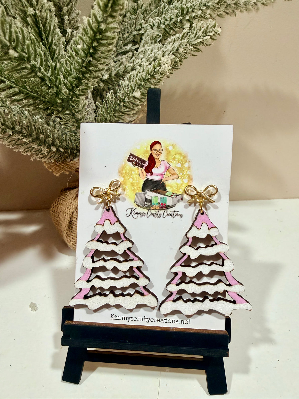 Pink & White Christmas Tree Bow Earrings