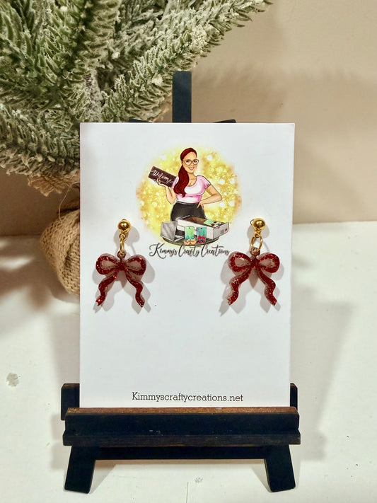 Red Glitter Christmas Bow Dangle Earrings