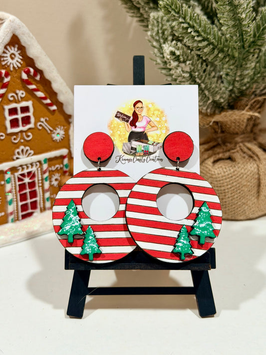 Hand-Painted Striped Christmas Tree Earrings – Layered Wooden Holiday Statement Jewelry