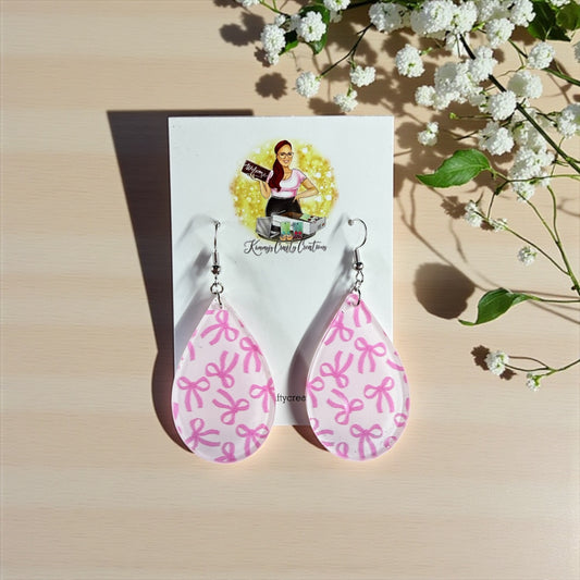 Pink Bow Print Teardrop Earrings