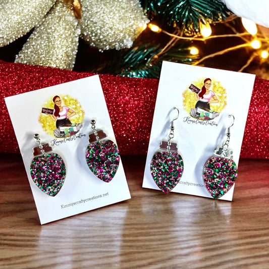 Glittery Pink/Green Christmas Bulb Earrings