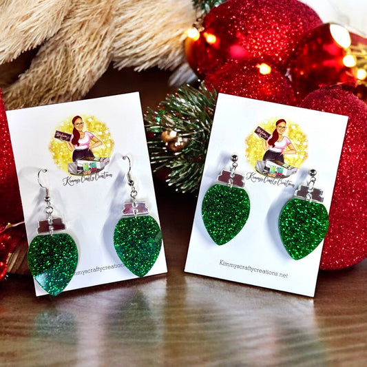 Green Glitter Christmas Bulb Earrings