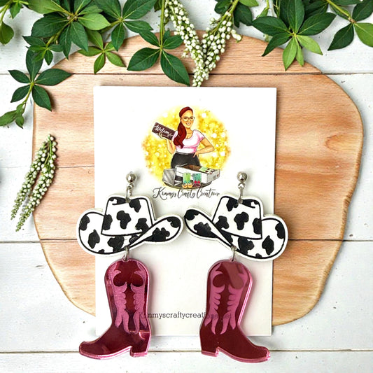 Cowgirl Boot & Hat Statement Earrings – Western Dangle Earrings