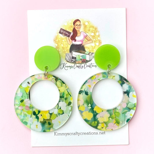 Spring Floral Hoop Earrings – Green Statement Dangles