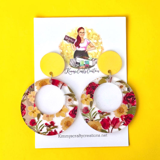 Floral Hoop Statement Earrings – Yellow & Red Spring Dangles