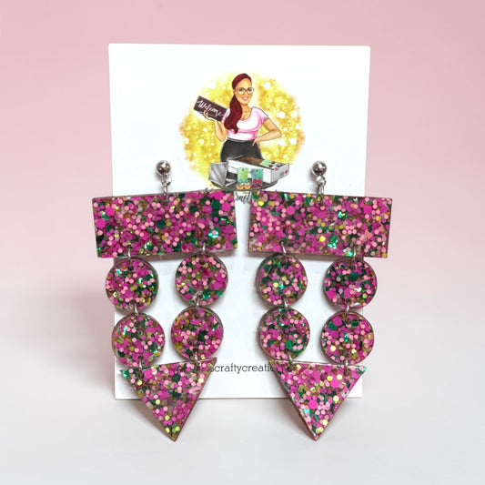 Pink & Green Glitter Fringe Earrings – Bold Geometric Statement