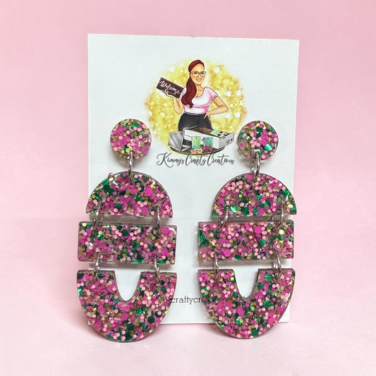 Pink & Green Glitter Statement Earrings – Bold Tiered Dangles