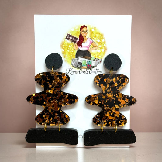 Black & Gold Glitter Abstract Dangle Earrings – Bold Statement Drops