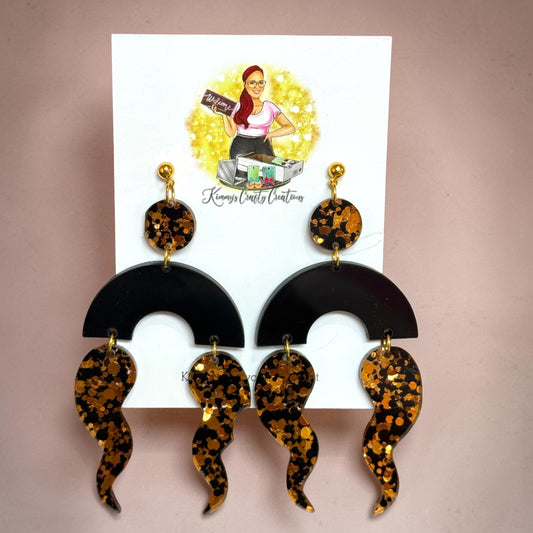 Black & Gold Glitter Statement Earrings – Geometric Arch Dangles