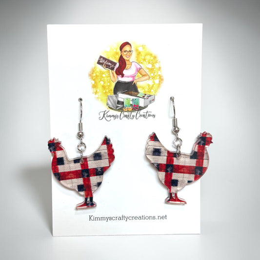 Rustic Plaid Chicken Earrings 🐔❤️🖤🤍