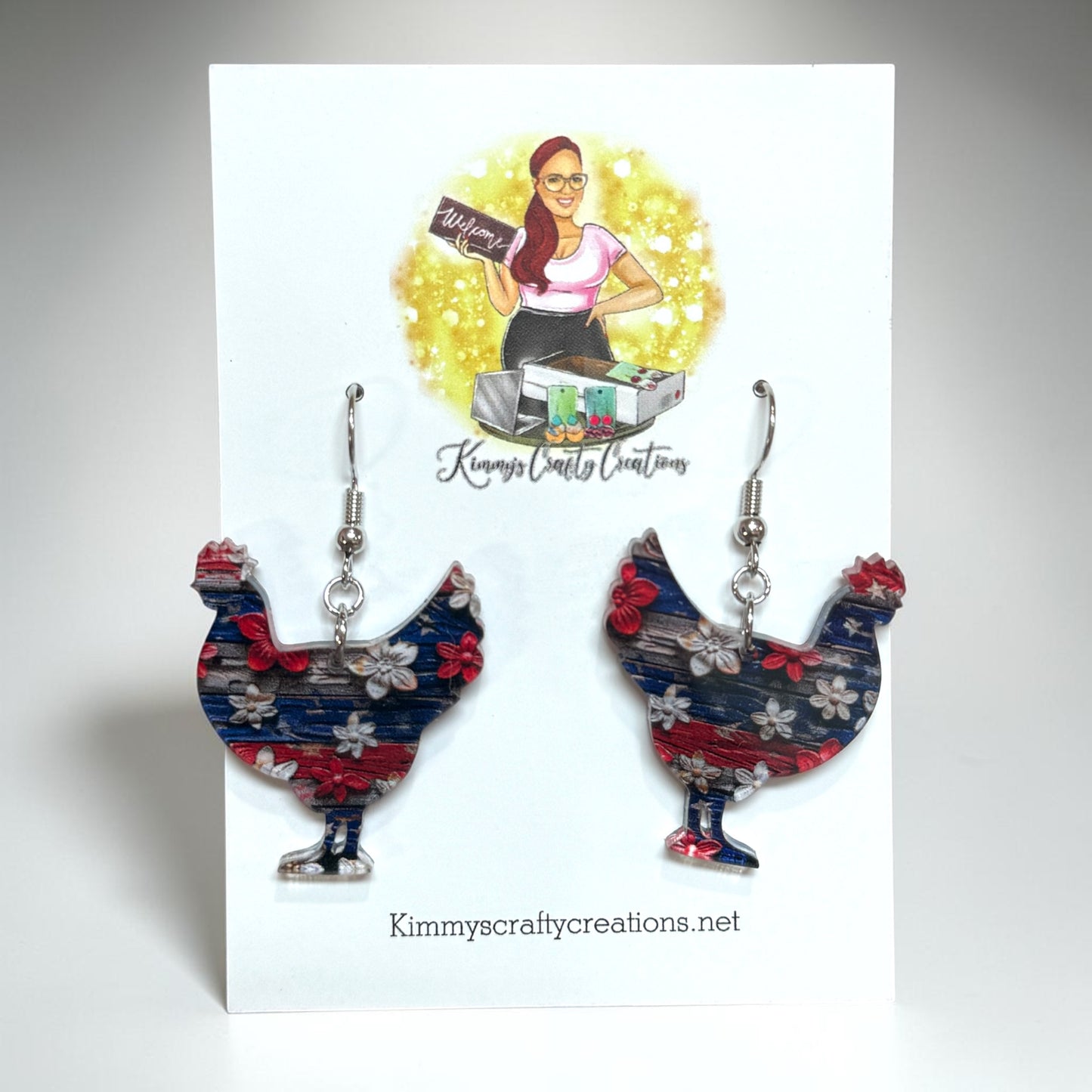 Patriotic Floral Chicken Earrings 🐔🇺🇸🌸