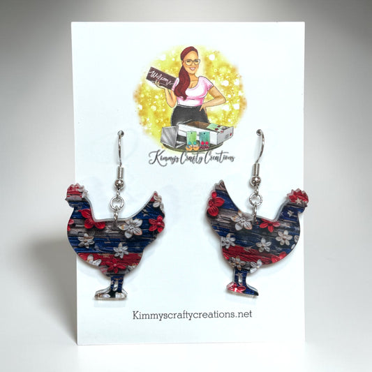 Patriotic Floral Chicken Earrings 🐔🇺🇸🌸