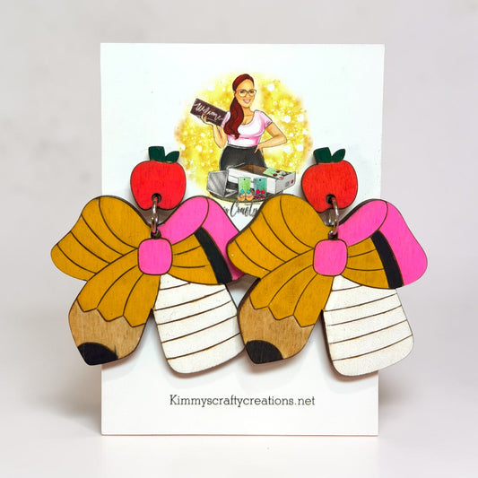 Pencil Bow Apple Dangle Earrings